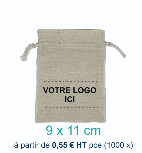 500 Pochettes en Coton Naturel 9 x 11 cm avec Logo Monochrome